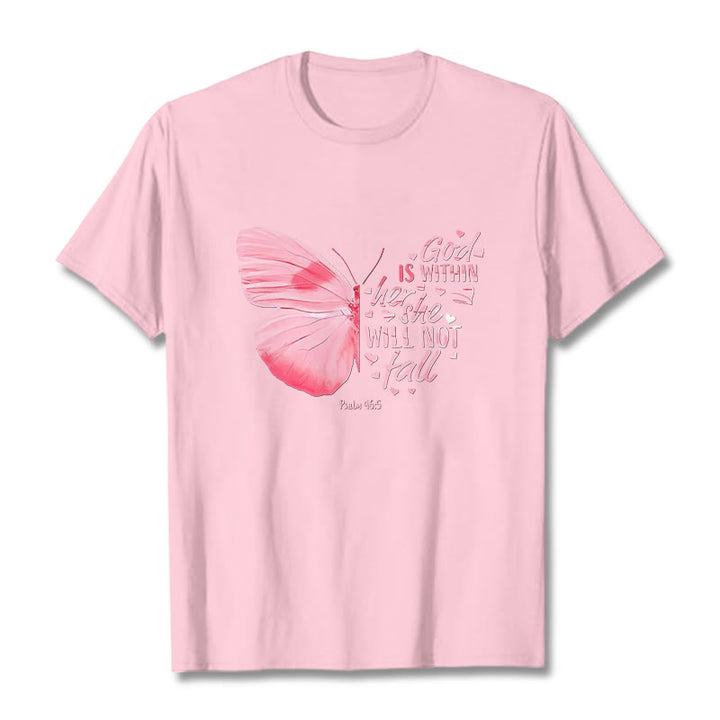 Christianartworkshop God Is Within Her She Will Not Fall with Butterfly Unisex T-shirt - Light Pink - 2XL - image 6