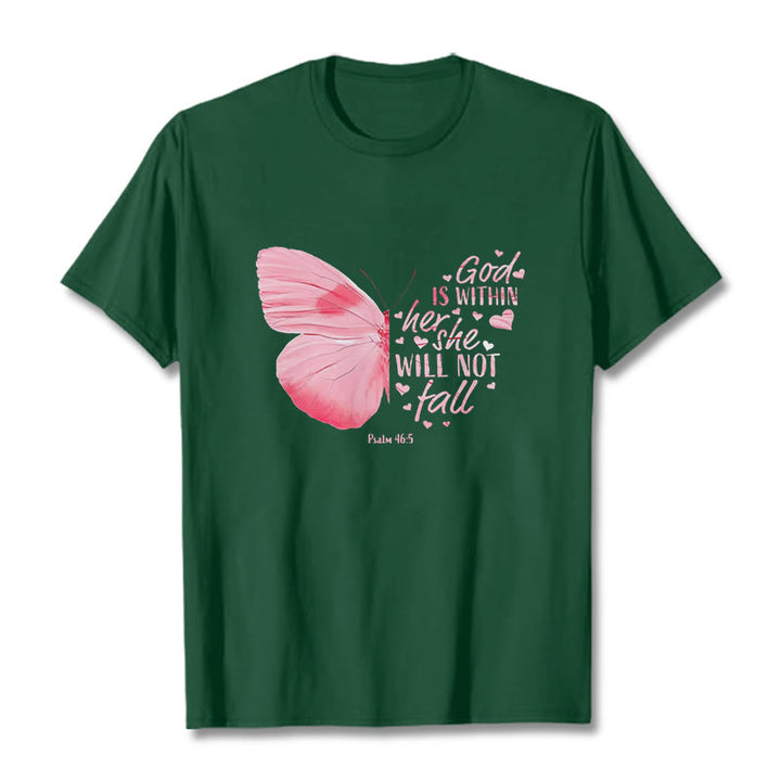 Christianartworkshop God Is Within Her She Will Not Fall with Butterfly Unisex T-shirt - Dark Green - 2XL - image 8