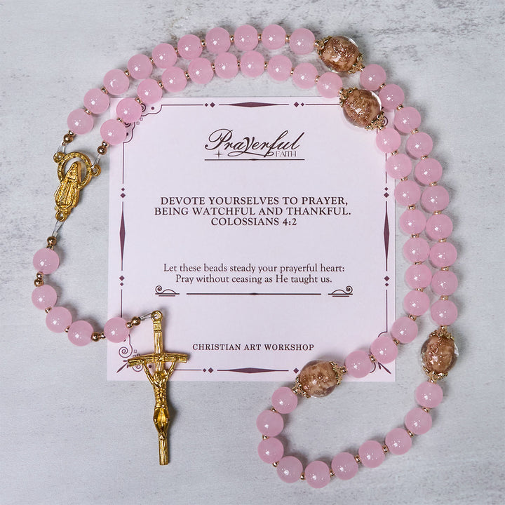 Christianartworkshop PRAYERFUL FAITH: Handmade Pink Chalcedony & Porcelain Golden Sand Beads Rosary - PRAYERFUL FAITH - image 1