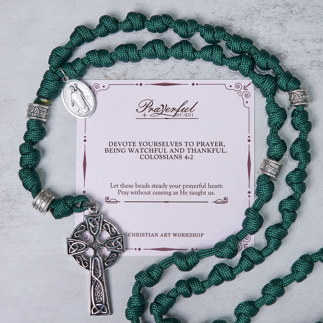 Christianartworkshop PRAYERFUL FAITH: St. Patrick Medal Dark Green Handmade Paracord Knotted Rosary - PRAYERFUL FAITH - image 1