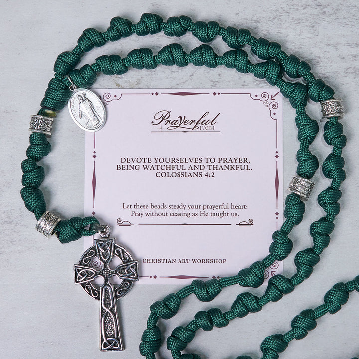 Christianartworkshop PRAYERFUL FAITH: St. Patrick Medal Dark Green Handmade Paracord Knotted Rosary - PRAYERFUL FAITH - image 1