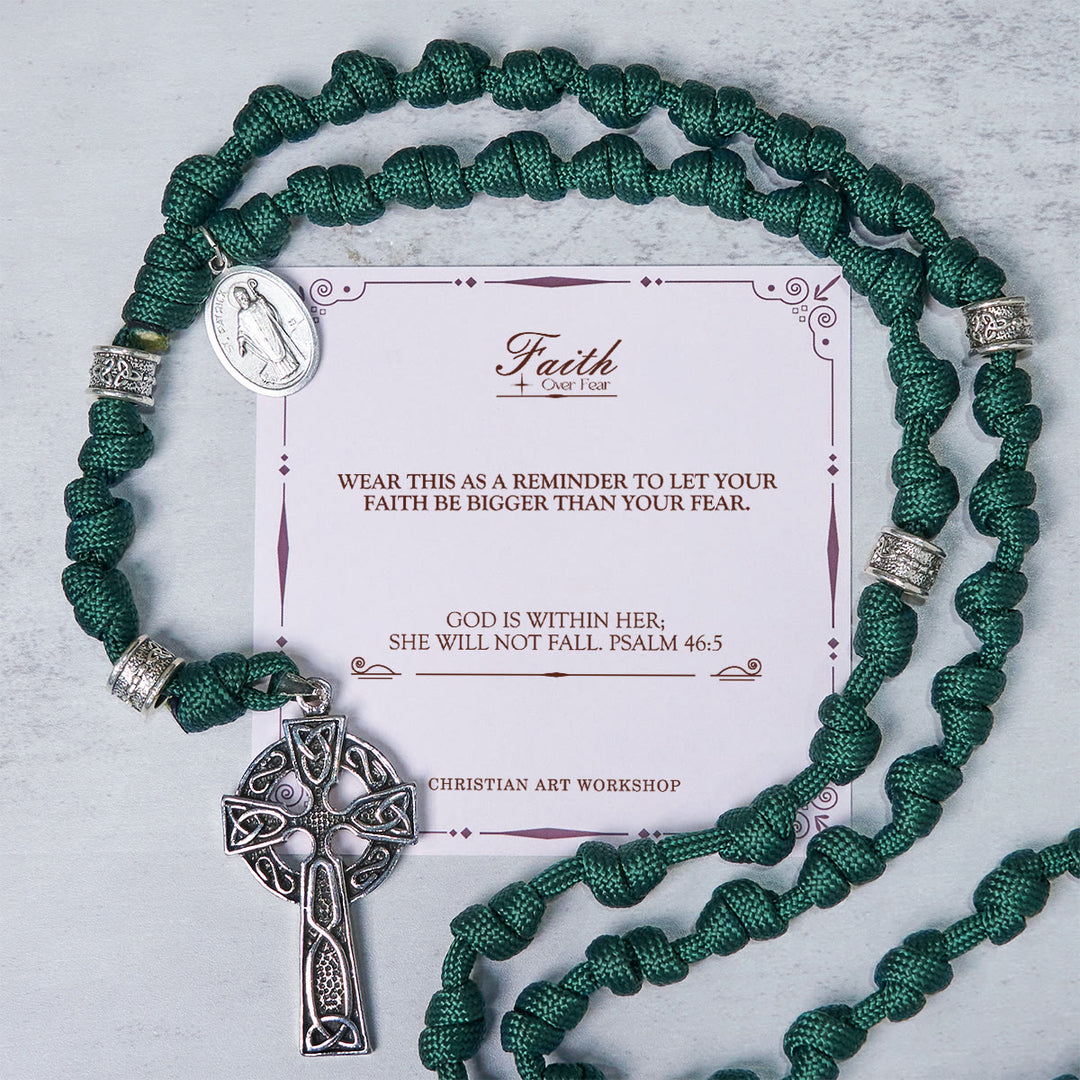 Christianartworkshop PRAYERFUL FAITH: St. Patrick Medal Dark Green Handmade Paracord Knotted Rosary - FAITH OVER FEAR - image 2