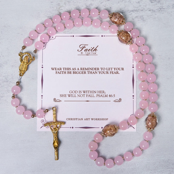 Christianartworkshop PRAYERFUL FAITH: Handmade Pink Chalcedony & Porcelain Golden Sand Beads Rosary - FAITH OVER FEAR - image 2
