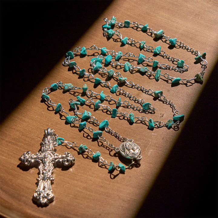 Christianartworkshop Unique Turquoise Fragment Rosary with Holy Mary & Ornate Crucifix - image 3