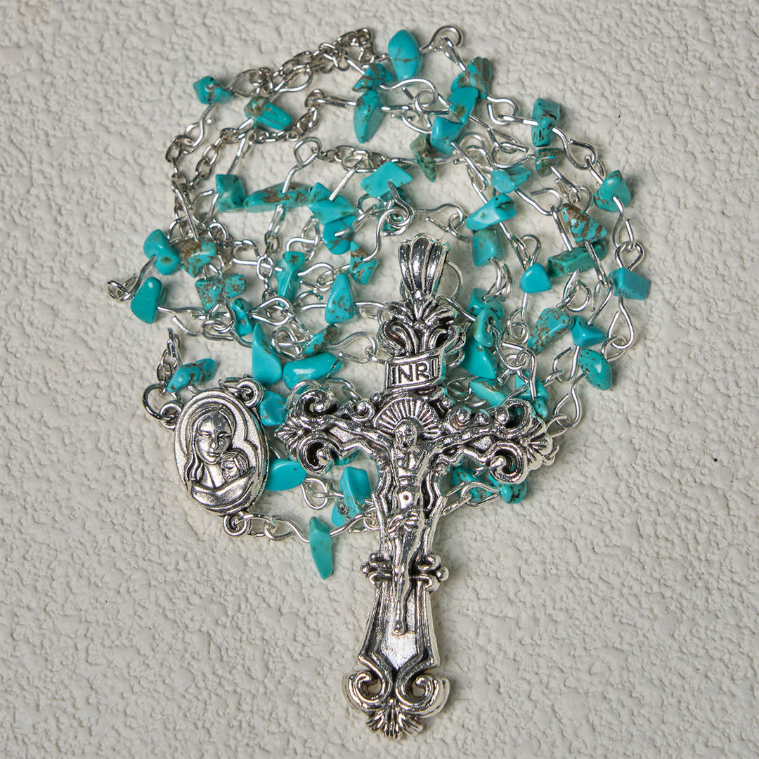 Christianartworkshop Unique Turquoise Fragment Rosary with Holy Mary & Ornate Crucifix - image 9