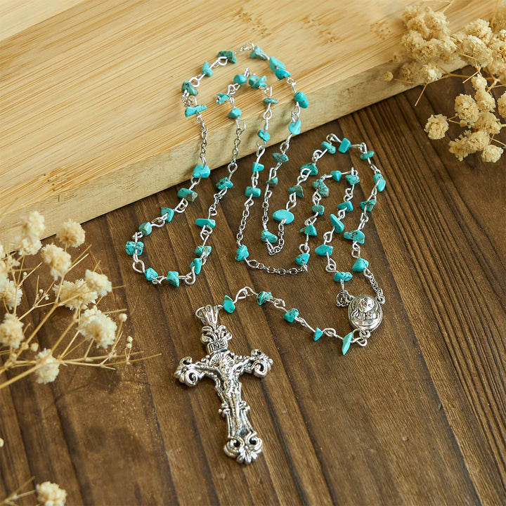 Christianartworkshop Unique Turquoise Fragment Rosary with Holy Mary & Ornate Crucifix - image 5
