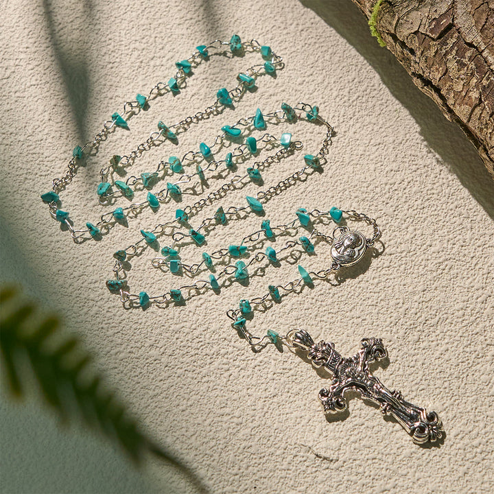 Christianartworkshop Unique Turquoise Fragment Rosary with Holy Mary & Ornate Crucifix - image 2