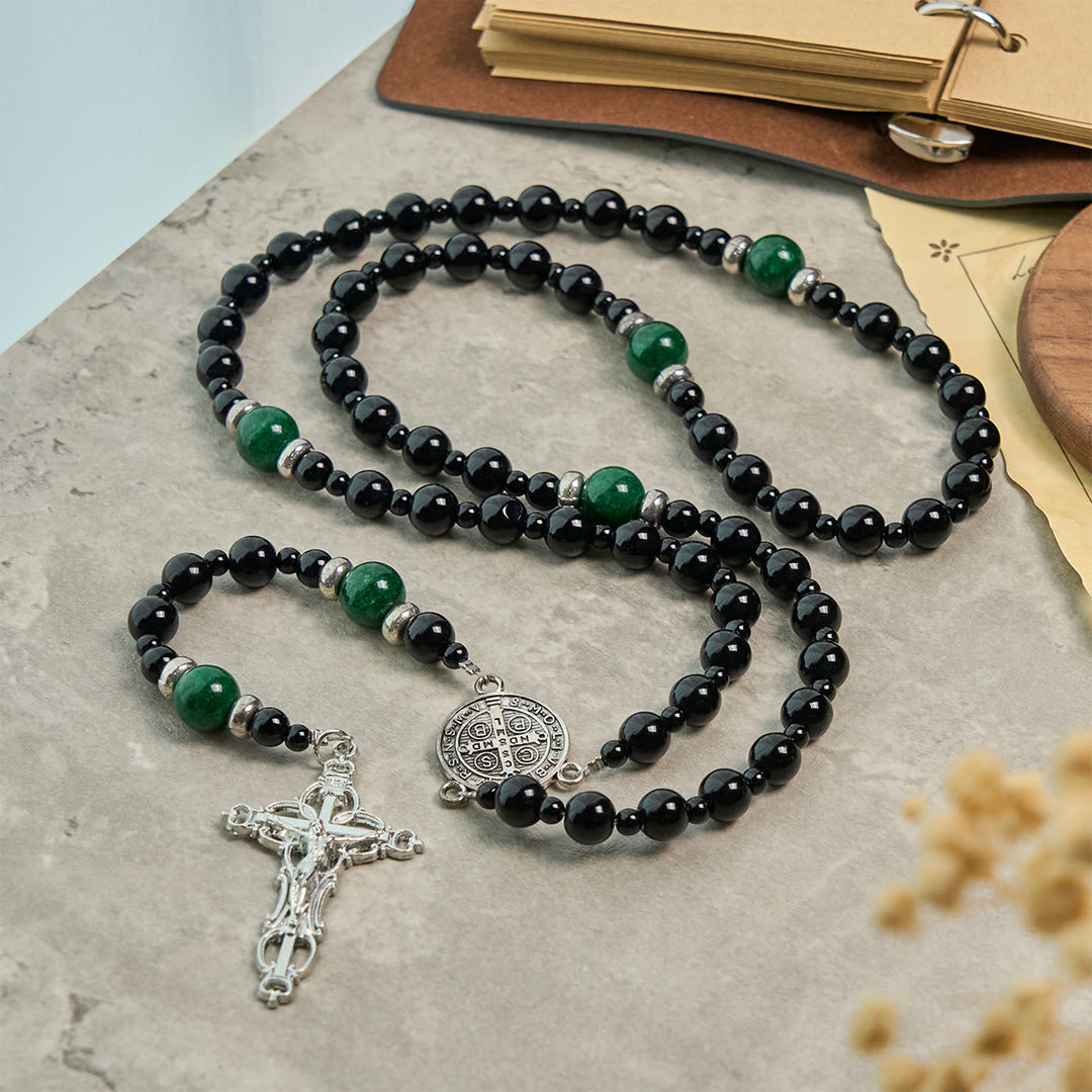 Christianartworkshop St. Benedict & Crucifix of 8mm Obsidian & Jade Handmade Bead Rosary - Faith and Sacred Connection - image 4
