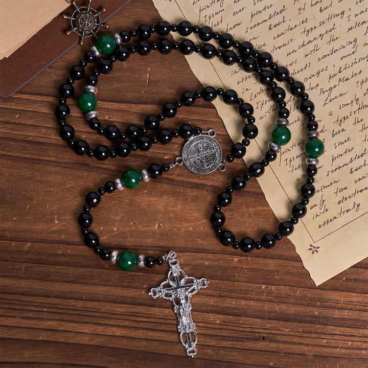 Christianartworkshop St. Benedict & Crucifix of 8mm Obsidian & Jade Handmade Bead Rosary - Faith and Sacred Connection - image 2