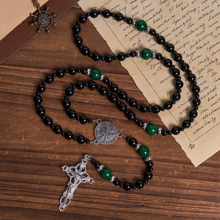 Christianartworkshop St. Benedict & Crucifix of 8mm Obsidian & Jade Handmade Bead Rosary - Faith and Sacred Connection - image 5