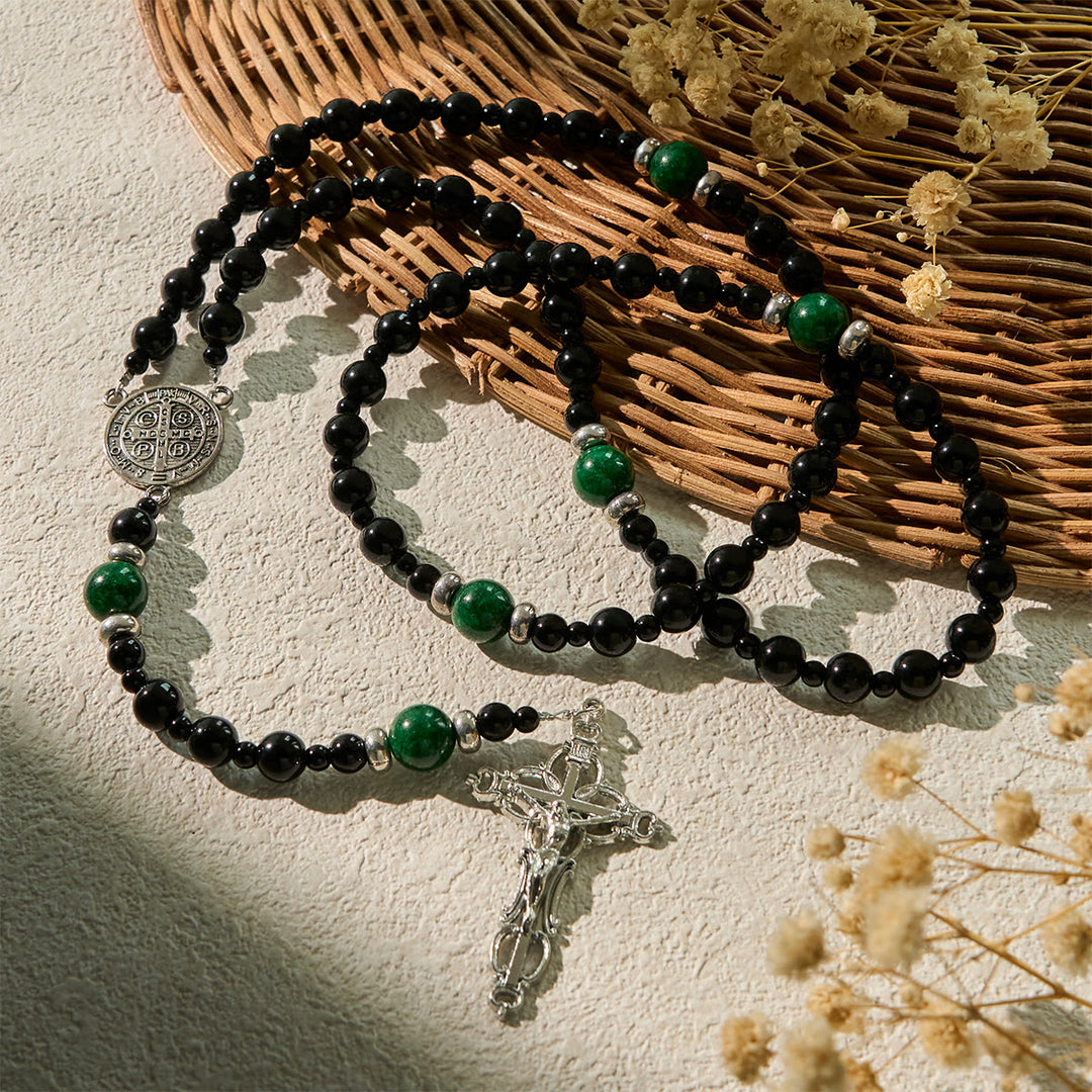 Christianartworkshop St. Benedict & Crucifix of 8mm Obsidian & Jade Handmade Bead Rosary - Faith and Sacred Connection - image 15