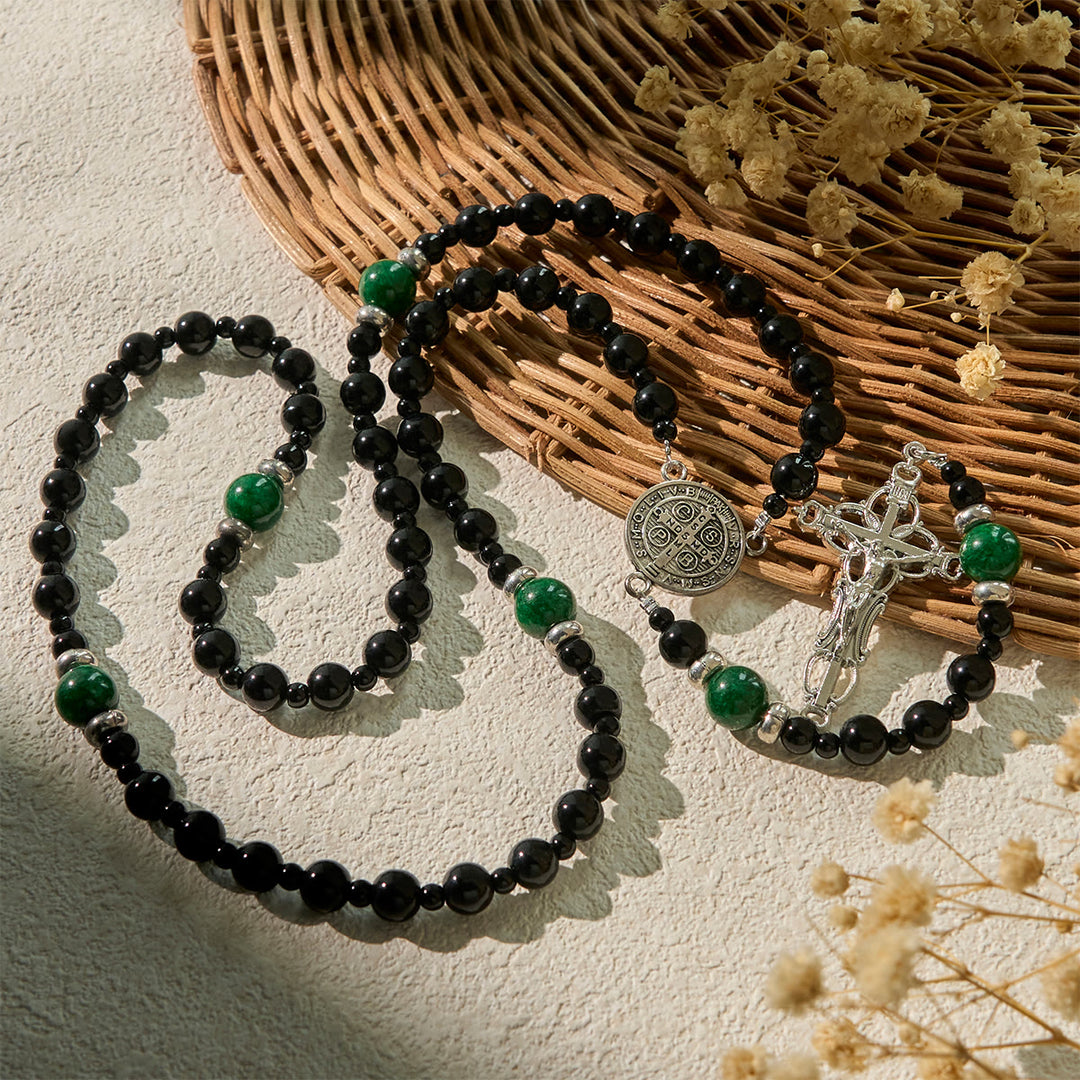Christianartworkshop St. Benedict & Crucifix of 8mm Obsidian & Jade Handmade Bead Rosary - Faith and Sacred Connection - image 3