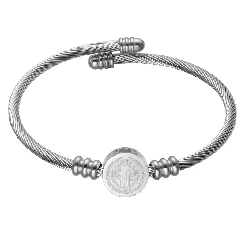 304 Stainless Steel Saint Benedict Charms Twist Rope Bangle for Women, Golden, Inner Diameter: 2-3/8 inch(6cm)