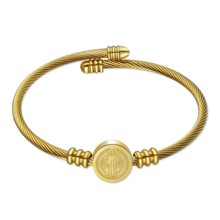 304 Stainless Steel Saint Benedict Charms Twist Rope Bangle for Women, Golden, Inner Diameter: 2-3/8 inch(6cm)