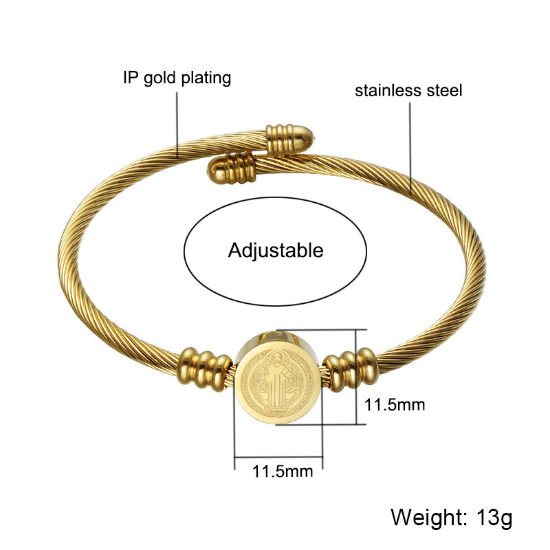 304 Stainless Steel Saint Benedict Charms Twist Rope Bangle for Women, Golden, Inner Diameter: 2-3/8 inch(6cm)