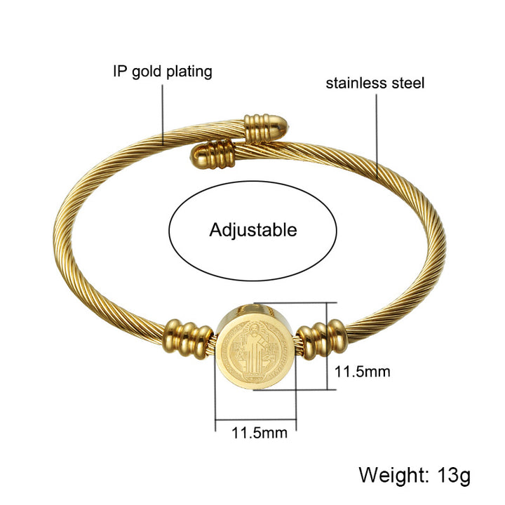 304 Stainless Steel Saint Benedict Charms Twist Rope Bangle for Women, Golden, Inner Diameter: 2-3/8 inch(6cm)