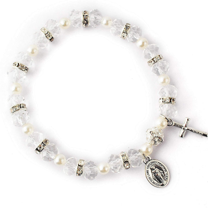 Christianartworkshop Crystal Beads Stretch Bracelet with Crucifix and Miraculous Medal - White - image 4