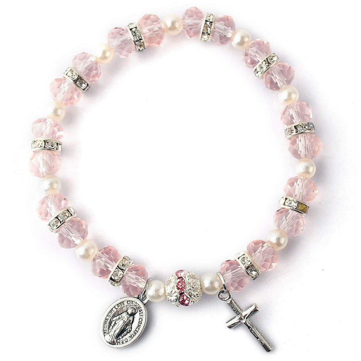 Christianartworkshop Crystal Beads Stretch Bracelet with Crucifix and Miraculous Medal - Pink - image 5
