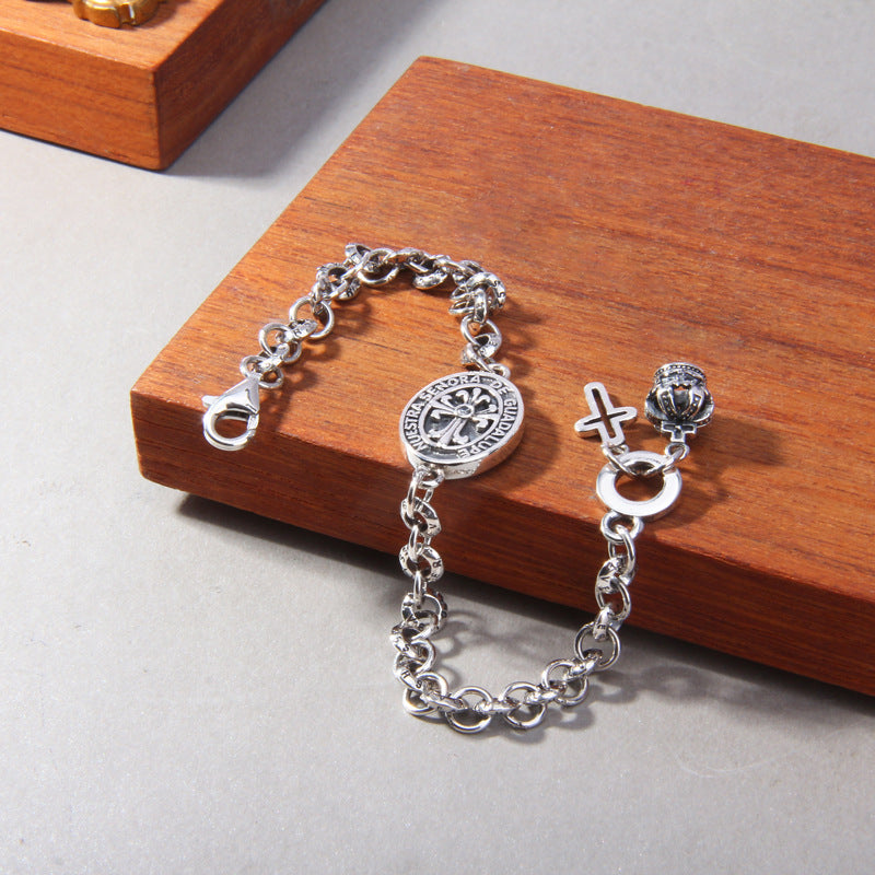 S925 Sterling Silver Iris Cross Crown Virgin Mary Charm Bracelet