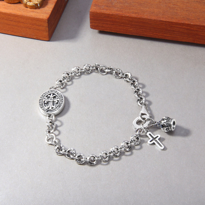 S925 Sterling Silver Iris Cross Crown Virgin Mary Charm Bracelet