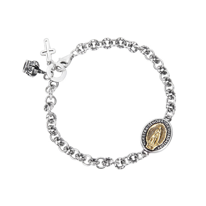 S925 Sterling Silver Iris Cross Crown Virgin Mary Charm Bracelet