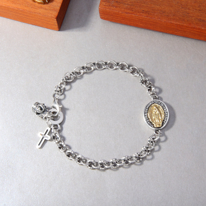 S925 Sterling Silver Iris Cross Crown Virgin Mary Charm Bracelet