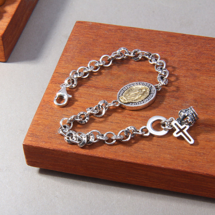 S925 Sterling Silver Iris Cross Crown Virgin Mary Charm Bracelet