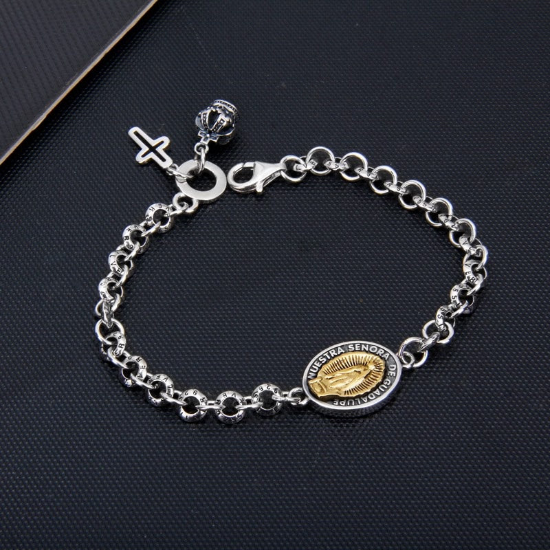 S925 Sterling Silver Iris Cross Crown Virgin Mary Charm Bracelet