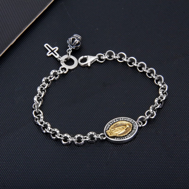 S925 Sterling Silver Iris Cross Crown Virgin Mary Charm Bracelet
