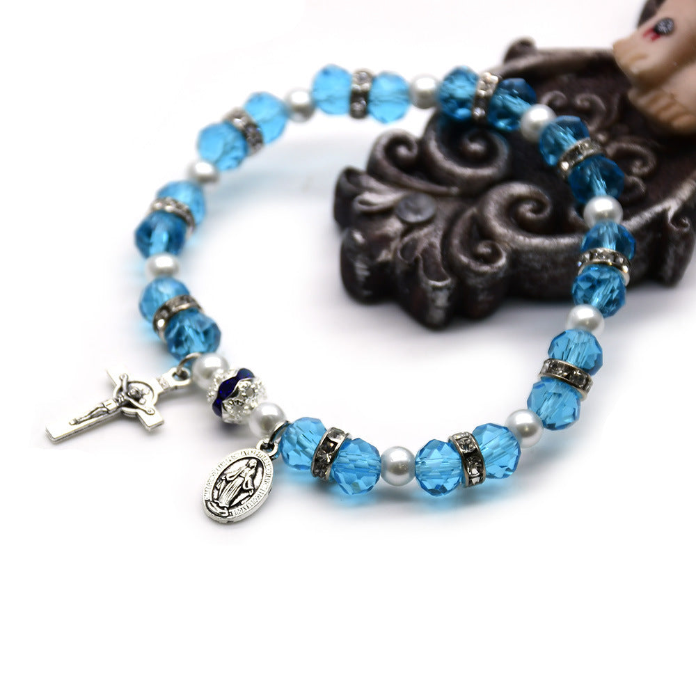 Christianartworkshop Crystal Beads Stretch Bracelet with Crucifix and Miraculous Medal - Aqua - image 0