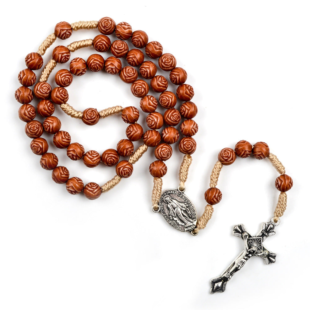 Christianartworkshop Handmade Rose-Shaped Wooden Bead Rosary: Miraculous Medal & Crucifix - Rose-Shaped - image 0