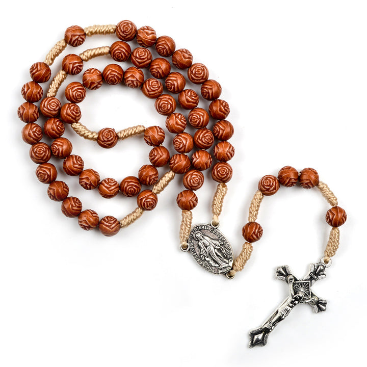 Christianartworkshop Handmade Rose-Shaped Wooden Bead Rosary: Miraculous Medal & Crucifix - Rose-Shaped - image 0