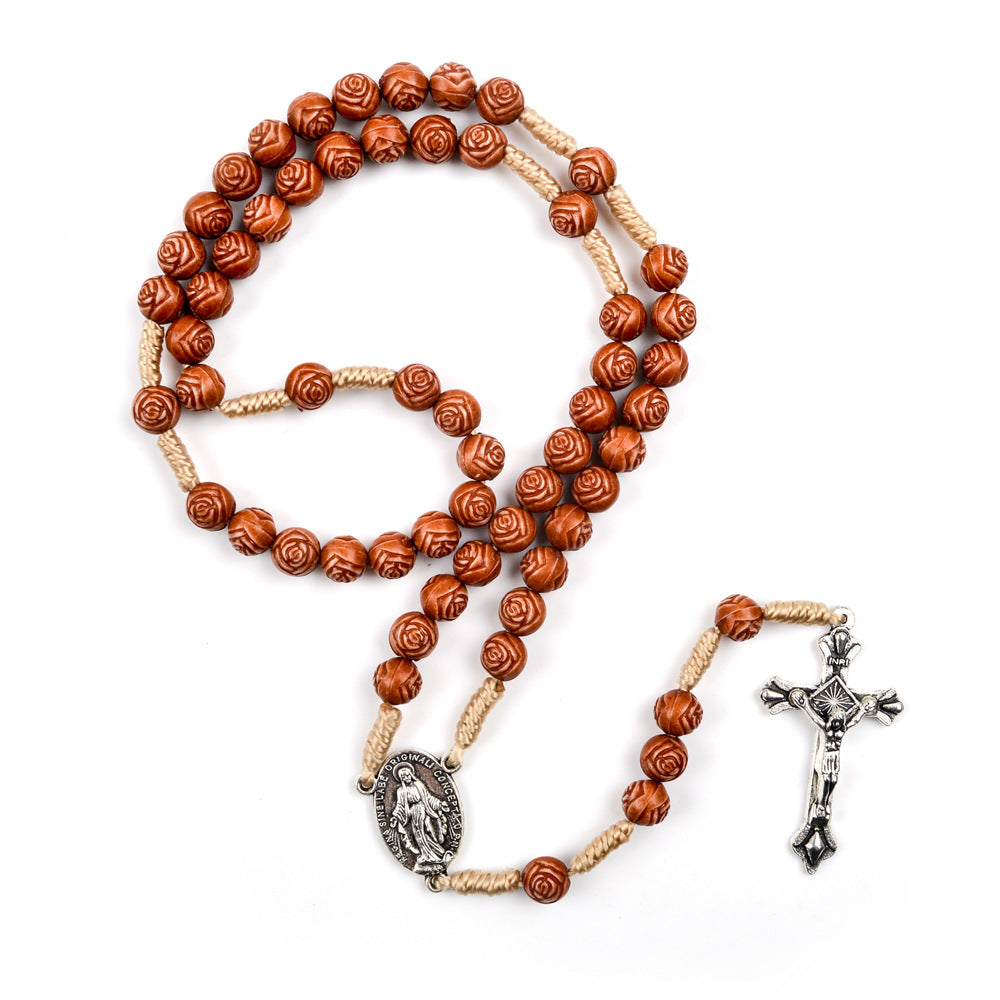 Christianartworkshop Handmade Rose-Shaped Wooden Bead Rosary: Miraculous Medal & Crucifix - image 4