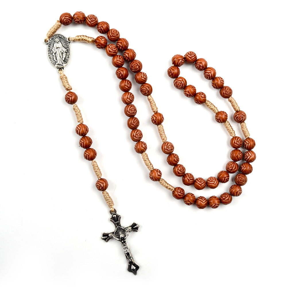 Christianartworkshop Handmade Rose-Shaped Wooden Bead Rosary: Miraculous Medal & Crucifix - image 1