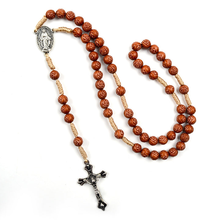 Christianartworkshop Handmade Rose-Shaped Wooden Bead Rosary: Miraculous Medal & Crucifix - image 1