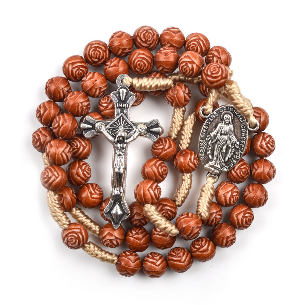 Christianartworkshop Handmade Rose-Shaped Wooden Bead Rosary: Miraculous Medal & Crucifix - image 3