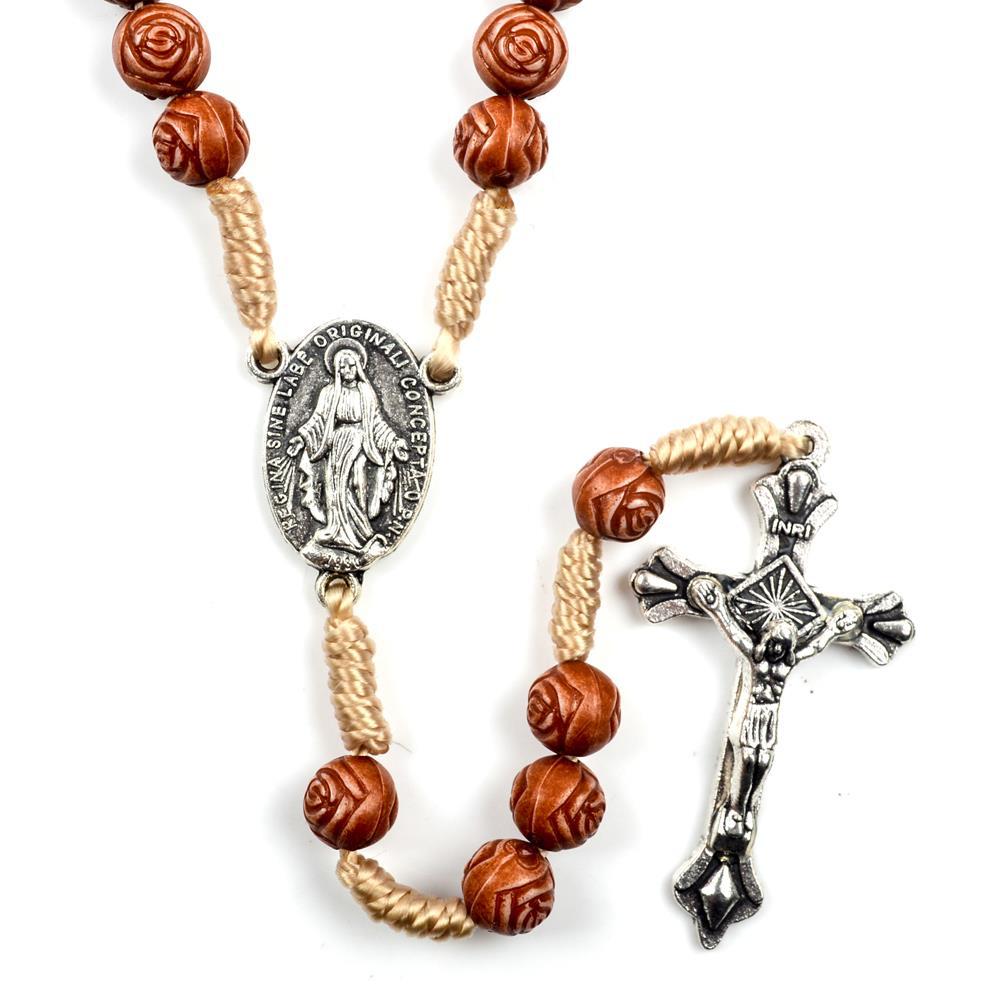 Christianartworkshop Handmade Rose-Shaped Wooden Bead Rosary: Miraculous Medal & Crucifix - image 2