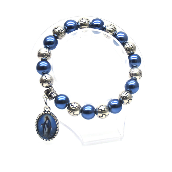 Virgin Mary Pendant Blue Pearls Rosary Bracelet