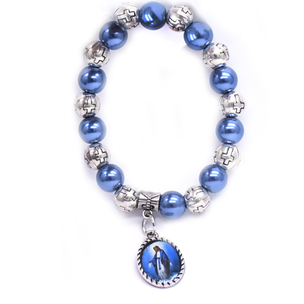 Virgin Mary Pendant Blue Pearls Rosary Bracelet