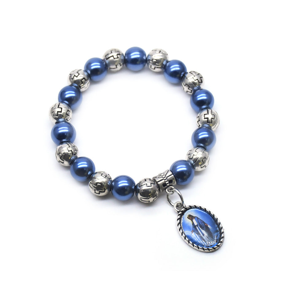Virgin Mary Pendant Blue Pearls Rosary Bracelet