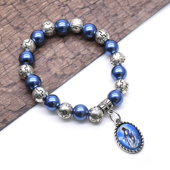 Virgin Mary Pendant Blue Pearls Rosary Bracelet