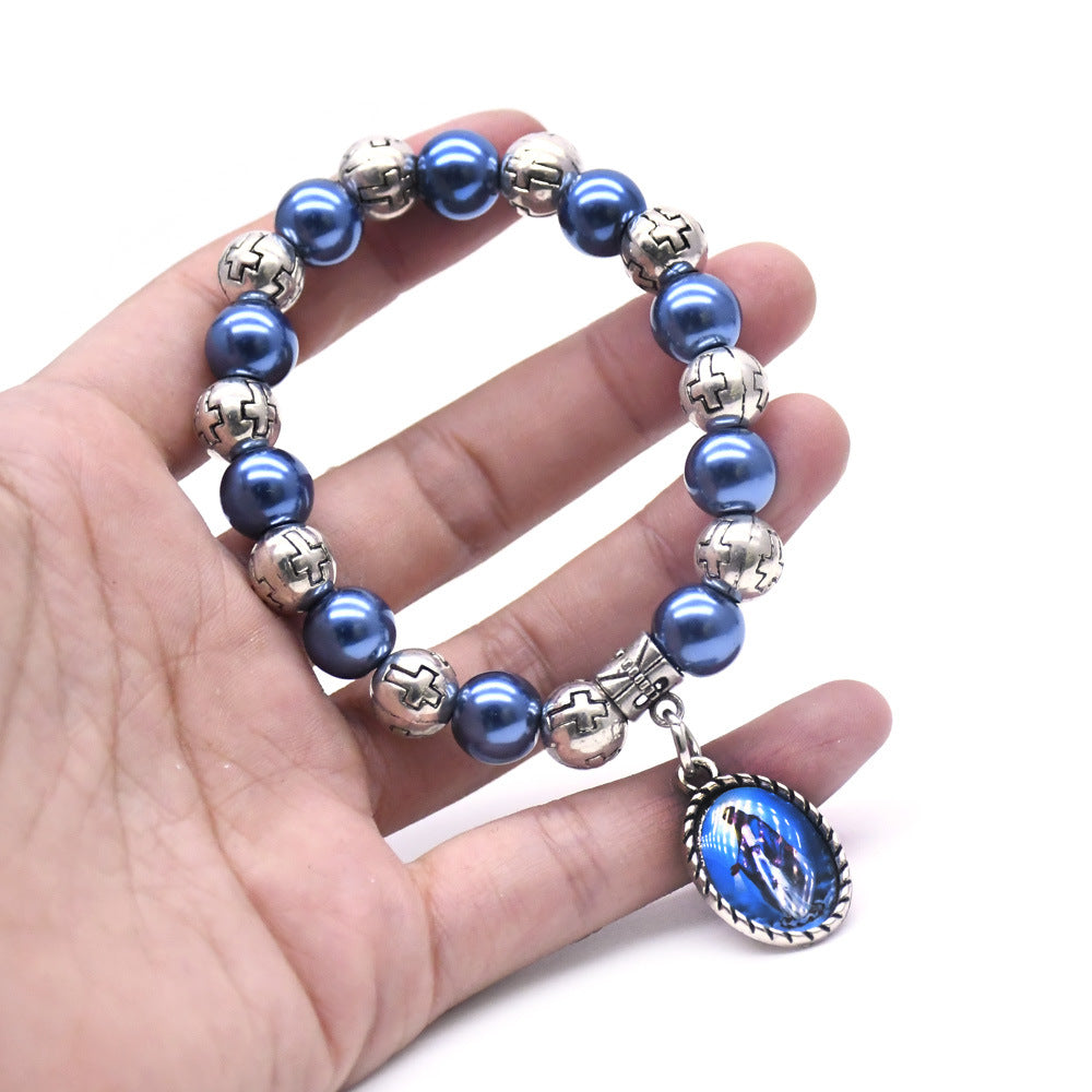 Virgin Mary Pendant Blue Pearls Rosary Bracelet