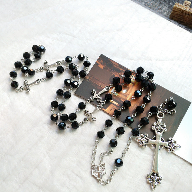 Black Crystal Christian Crucifix Rosary - image 2