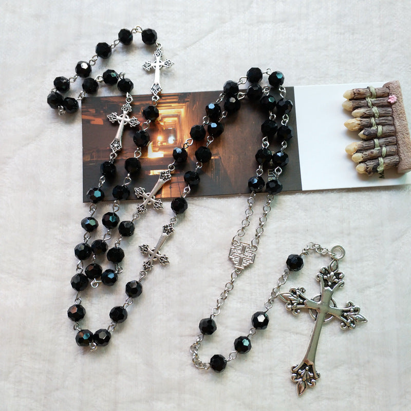 Black Crystal Christian Crucifix Rosary - Black - image 1
