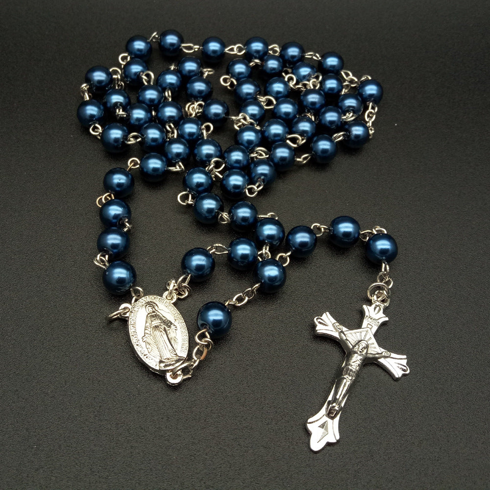 Royal Blue Pearl Beads Rosary with Holy Mother Medal & Crucifix - Royal Blue - image 1