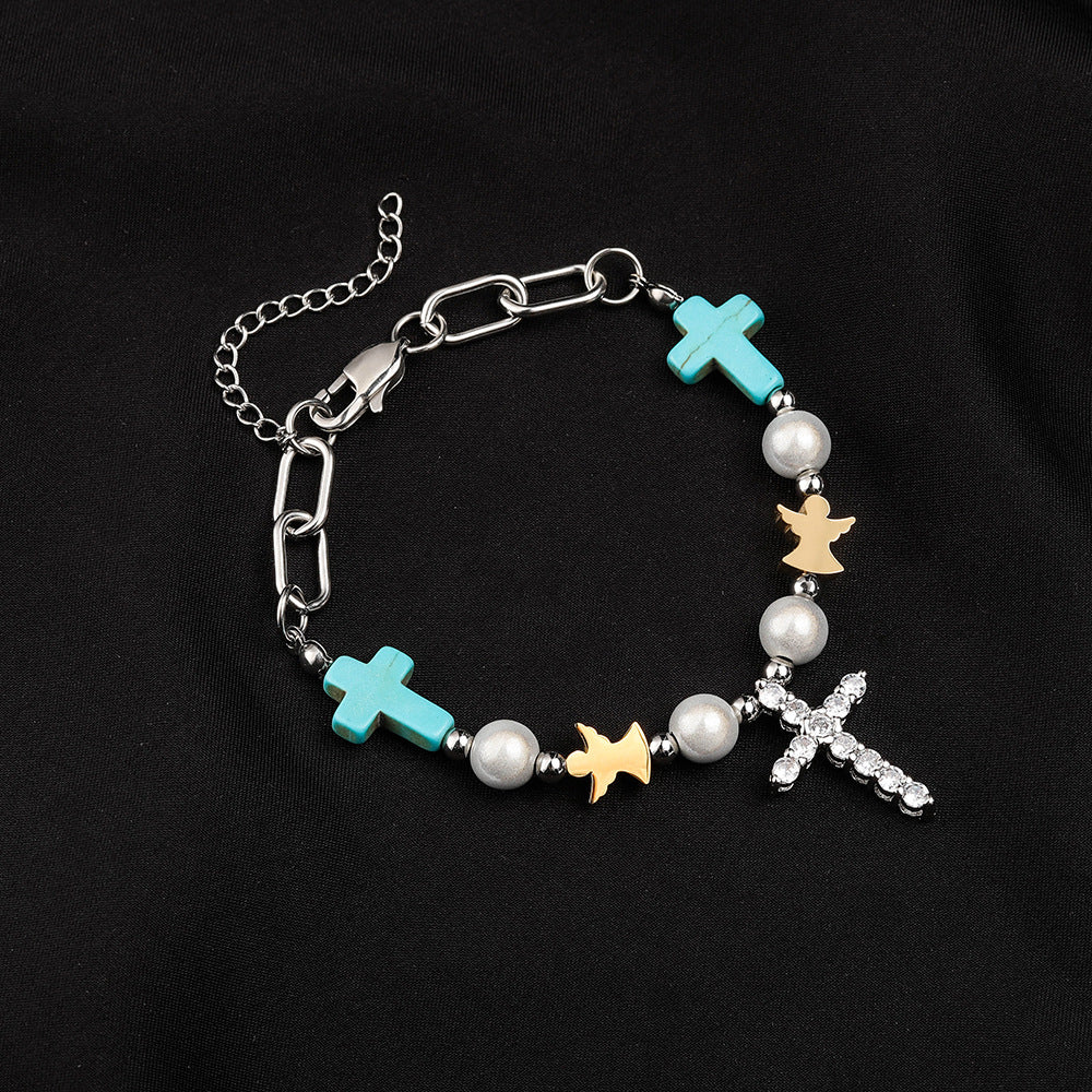 Christianartworkshop Hand-Crafted Turquoise Zircon Cross Titanium Bracelet/Necklace - Bracelet - image 1