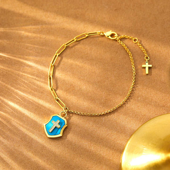 Christianartworkshop Turquoise Cross Shield Blessing Bracelet with Zircon Stones - Turquoise Cross Shield - image 0