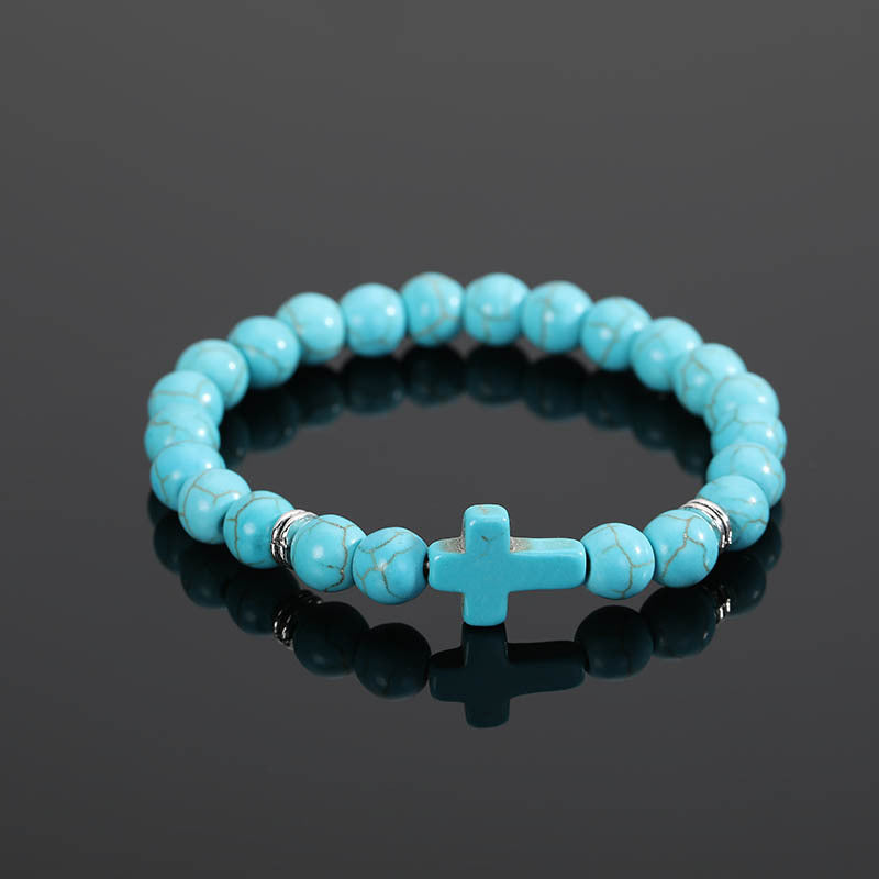 Christianartworkshop Turquoise Round Bead Cross String Bracelet Jewelry - Turquoise Bead - image 1