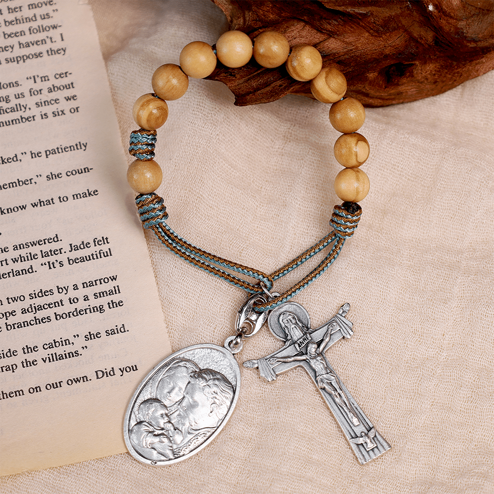 Mary Joseph with Baby Jesus Medal & Holy Trinity Cross Olive Wood Pocket Rosary - Blue Cord - image 0