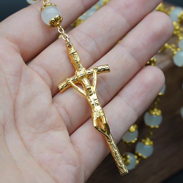 Christianartworkshop Faith & Charity: Natural White Chalcedony Catholic Rosary - image 3